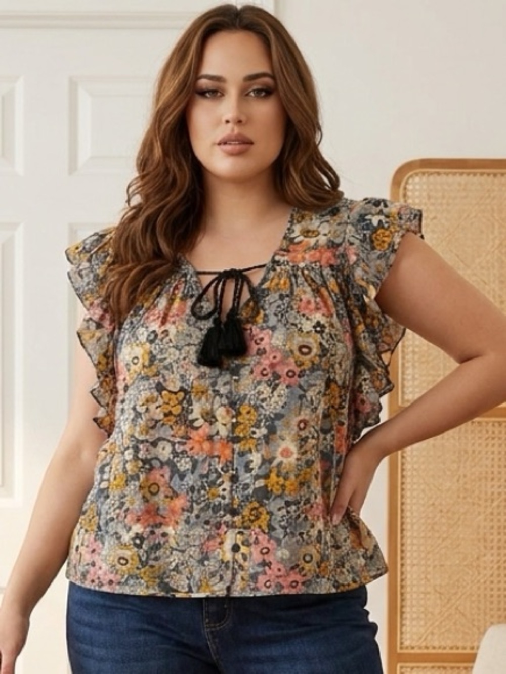Bishop + Young Floral Peasant V-Neck Flutter Sleeve Button Tassel Blouse S